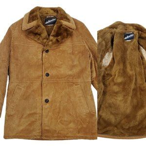 Vintage 70s Tan Brown Corduroy Rancher Style Over Coat Faux Fur Lined‎ Med Tall